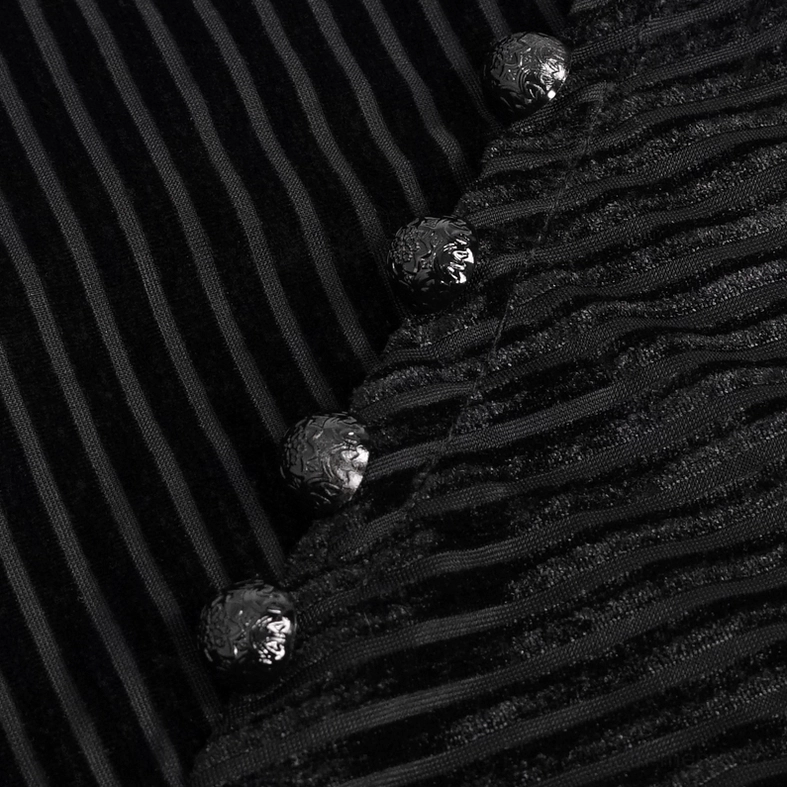 Close-up top view of black velvet gothic top front placket showing embossed striped velvet and ornate metal buttons