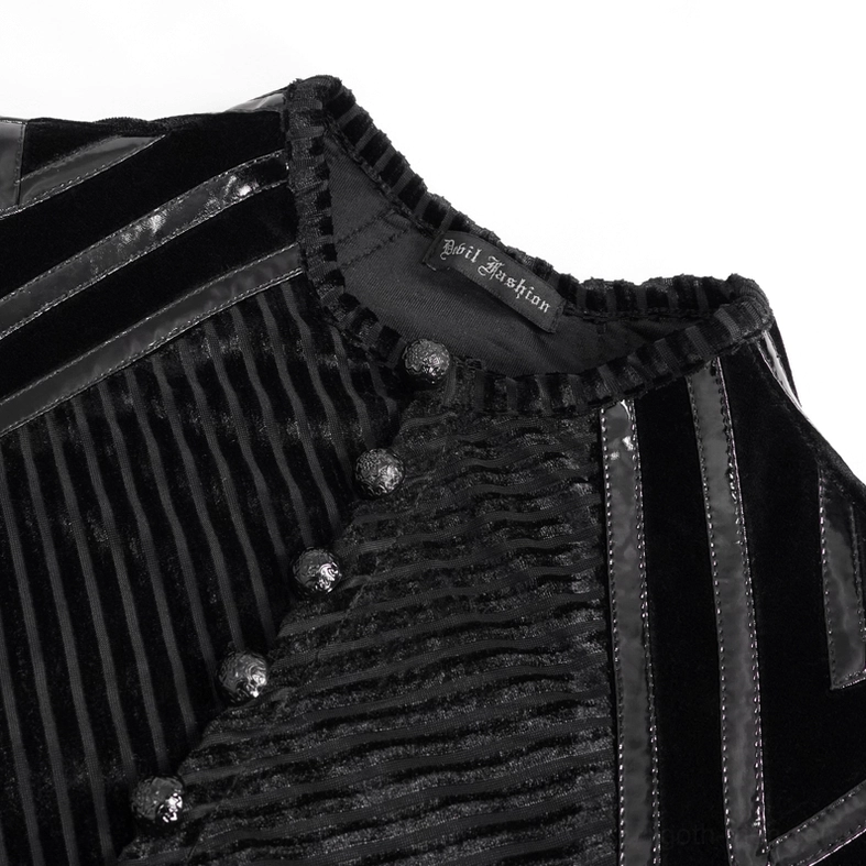 Close-up detail of black velvet gothic top collar area with ruched striped velvet, brand label, and metal buttons