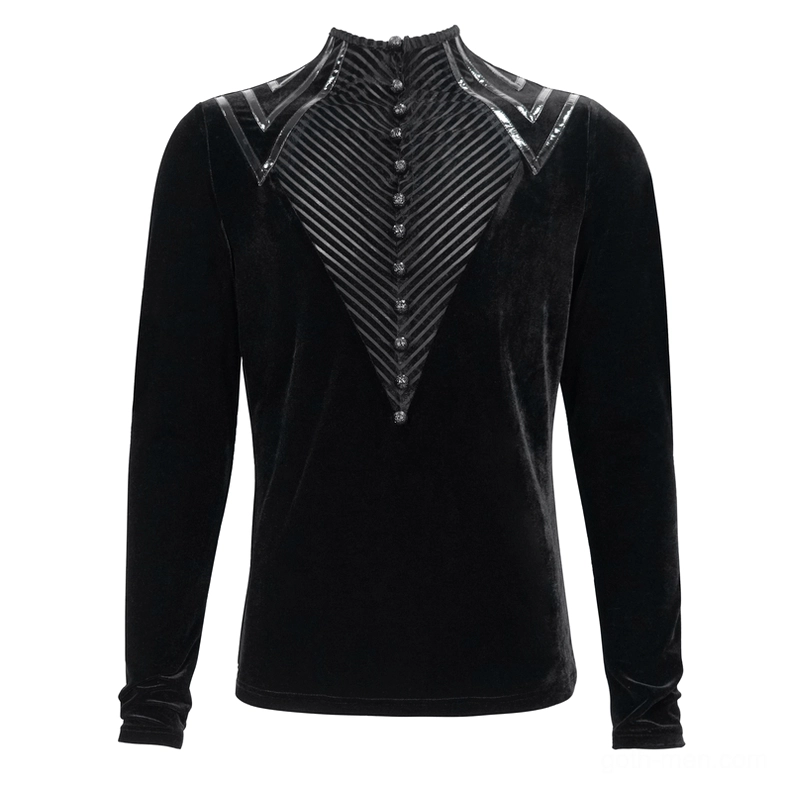 Black velvet gothic long sleeve top flat lay front view showing V-shaped leather trim and ornate metal buttons