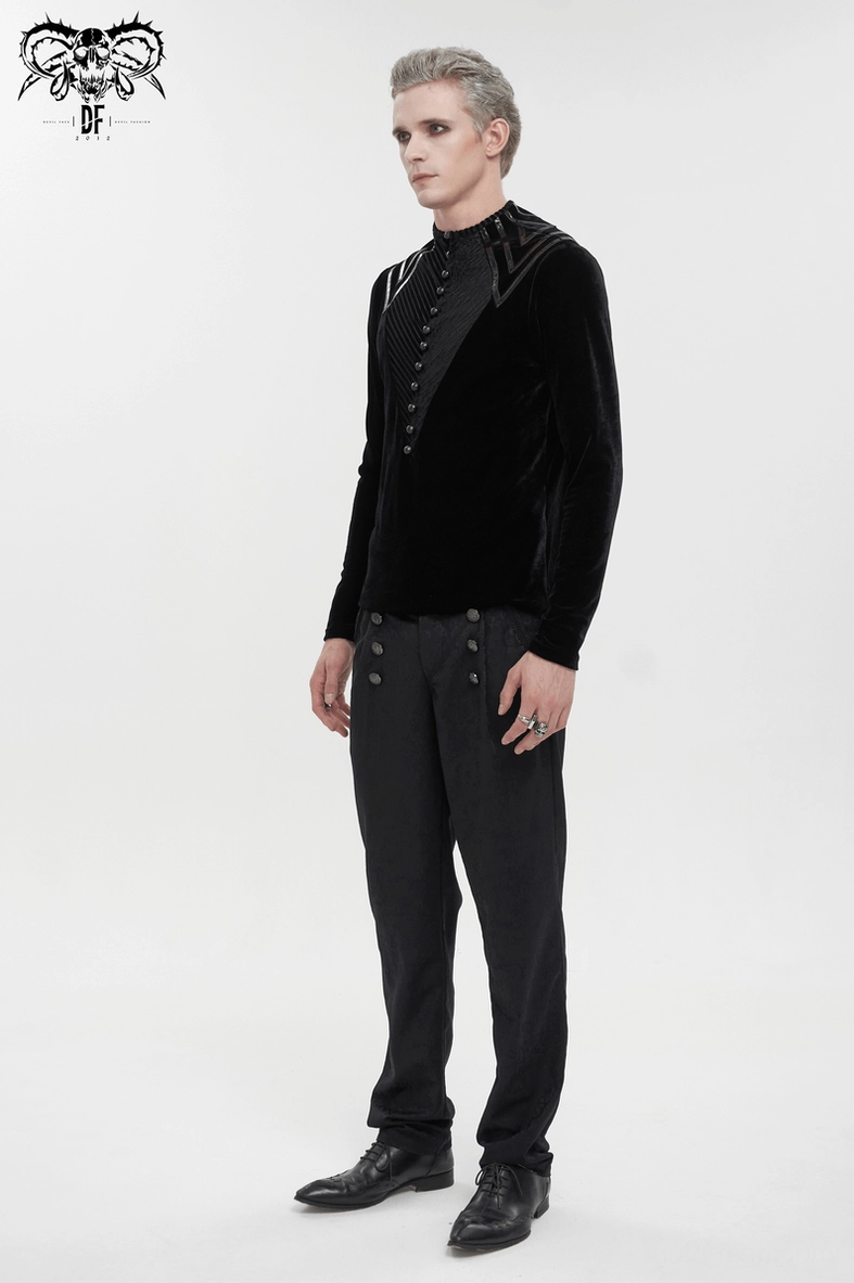 Black velvet gothic long sleeve top with leather chevron trims overall product presentation