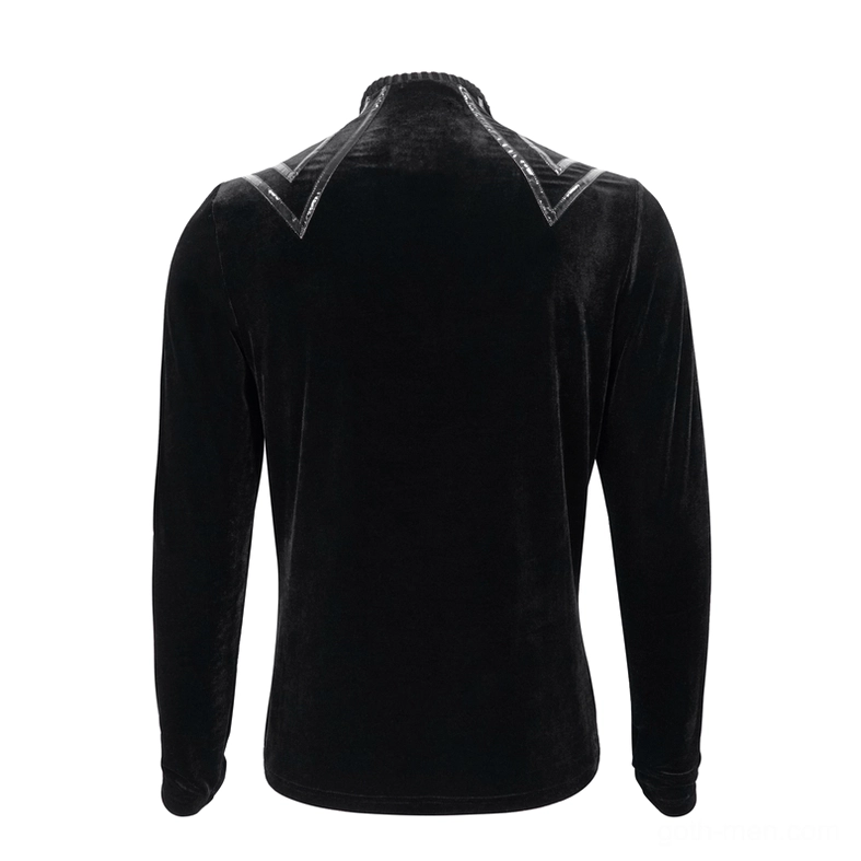 Rear flat lay of black velvet gothic top showcasing shoulder leather chevron accents and textured fabric
