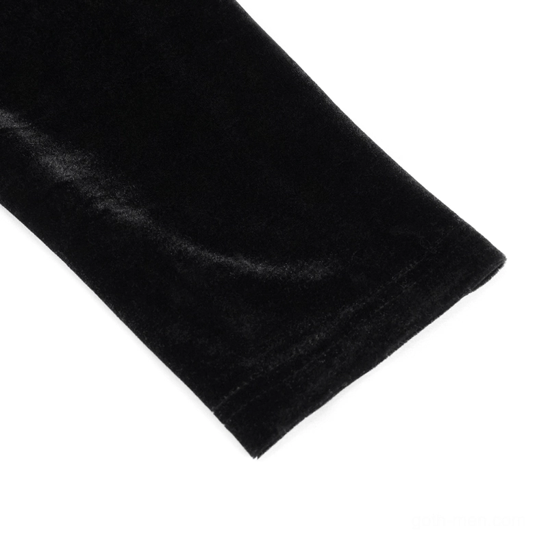 Close-up flat view of black velvet gothic top sleeve showing solid black velvet and smooth texture