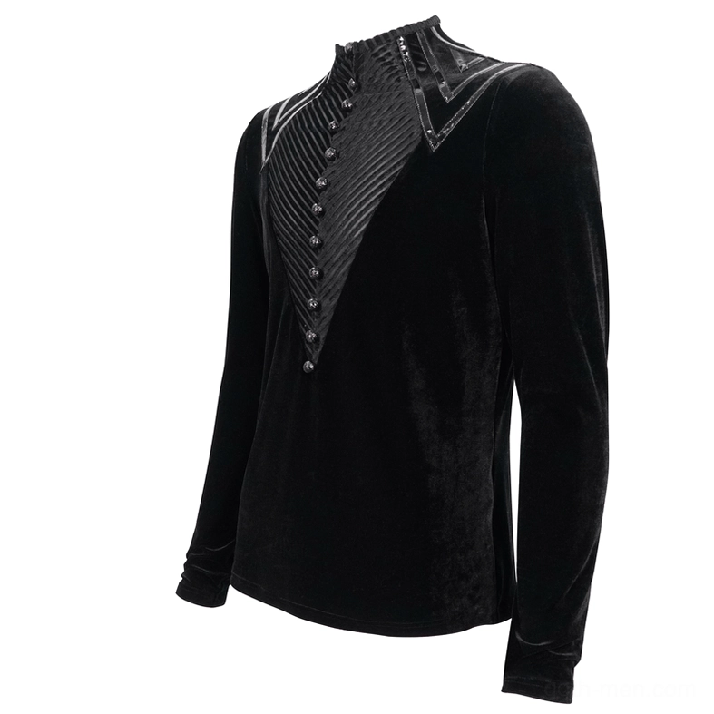 Three-quarter front angle of black velvet gothic top displaying slim fit, long sleeves, and metal button detailing