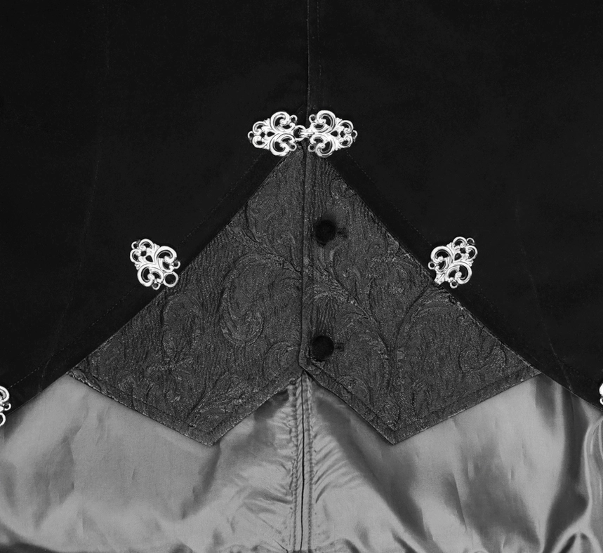 Black velvet steampunk tailcoat texture close-up showing premium fabric quality and embroidered decorative elements