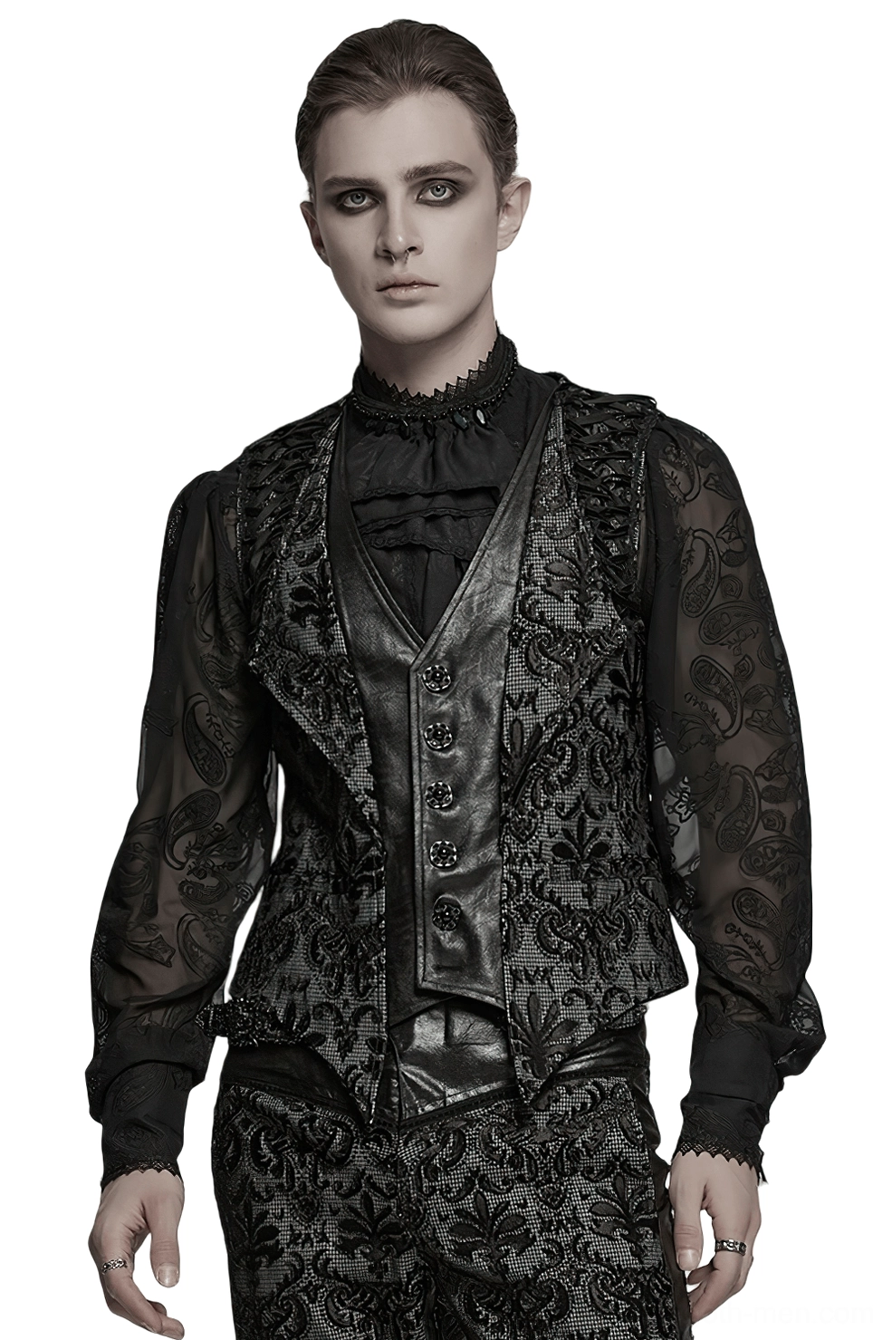 Black damask gothic waistcoat front view worn by male model with sheer ruffled shirt layering