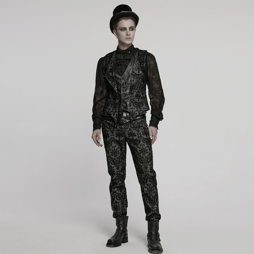 Full-length view of black damask gothic waistcoat styled with alternative fashion ensemble