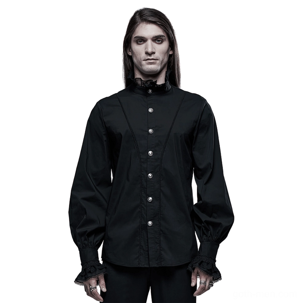 Black Victorian gothic dress shirt front view showing ruffled stand collar and lace-trimmed cuffs on male model