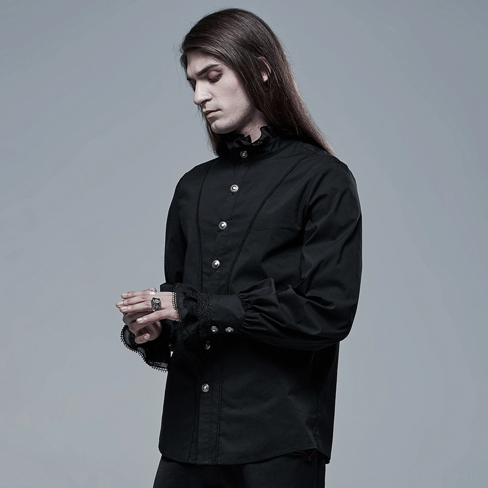 Black Victorian gothic shirt three-quarter side view on model showing fitted silhouette and button closure
