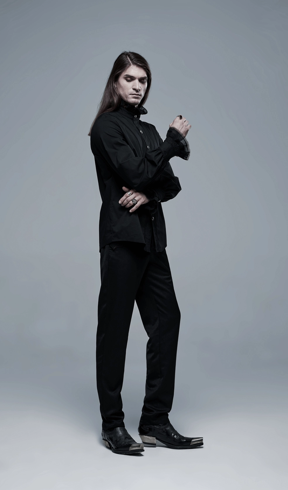 Black Victorian lace cuff gothic dress shirt full product showcase on mannequin display