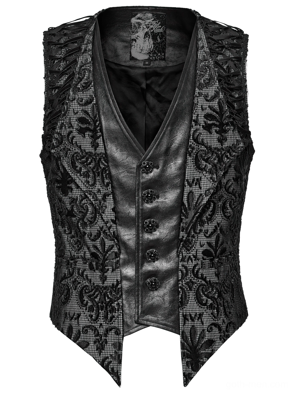 Front flat lay detail of black damask waistcoat with shawl lapel collar and decorative button placket