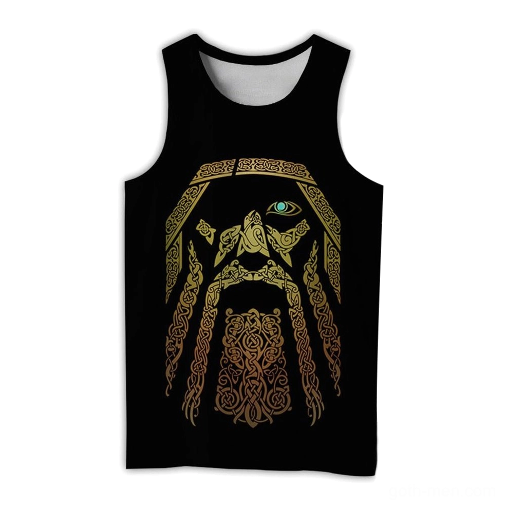 Black sleeveless gothic tank top featuring intricate gold Odin face with teal eye and detailed Celtic ornament design, flat lay front view