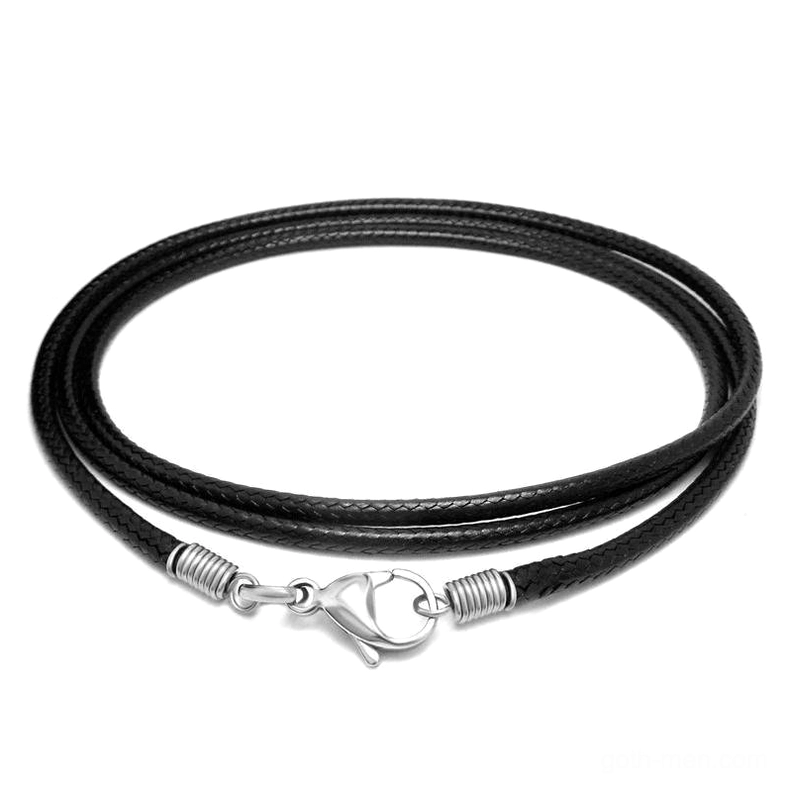 Coiled black wax rope gothic necklace with stainless steel lobster claw clasp on pure white background