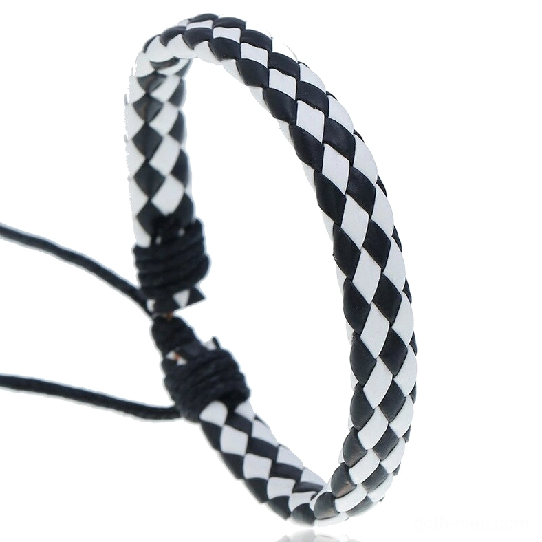 Black and white checkerboard gothic braided leather bracelet with geometric weave pattern and adjustable closure