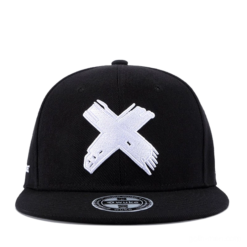 Black and white gothic snapback cap with white embroidered X symbol, flat brim baseball hat front view