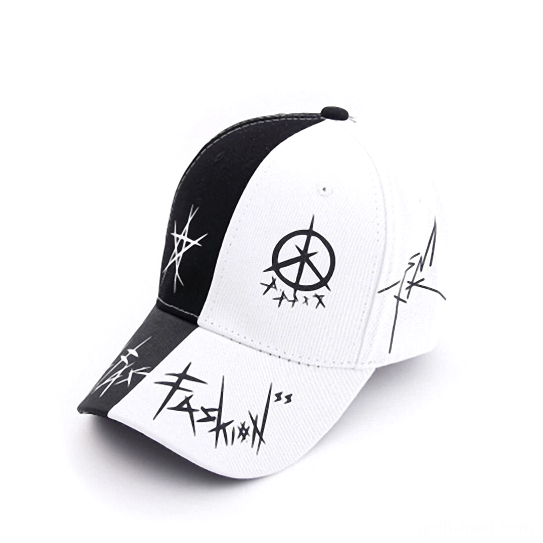 Black and white patchwork gothic baseball cap with matching graffiti punk prints on two-tone panels, side angle view