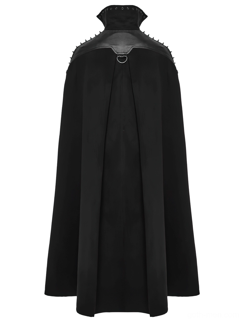 Back flat view of black gothic wool cape showing upper back D-ring and dramatic flowing hemline