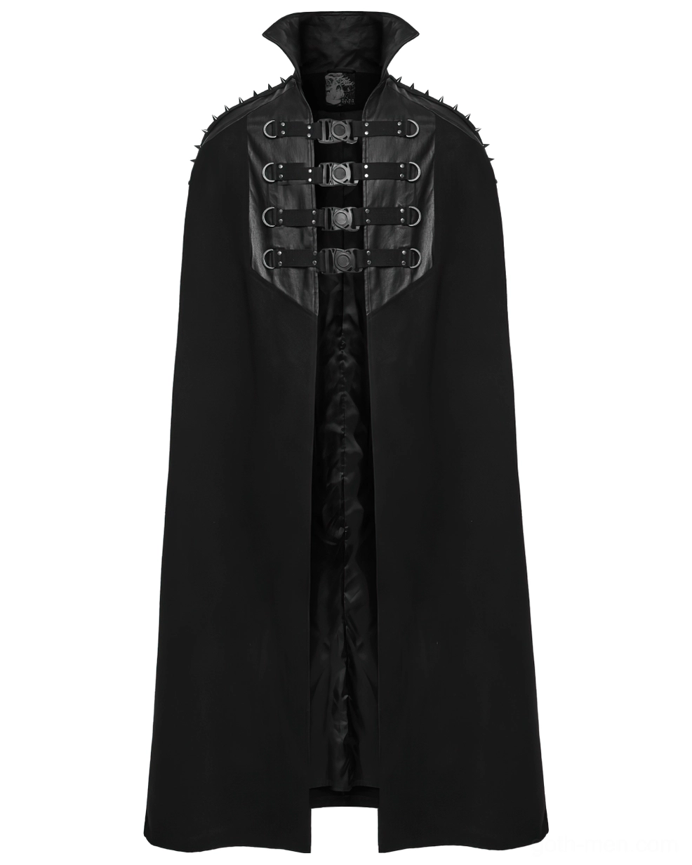 Black gothic wool cape front flat view with multiple buckle straps and shoulder hardware details