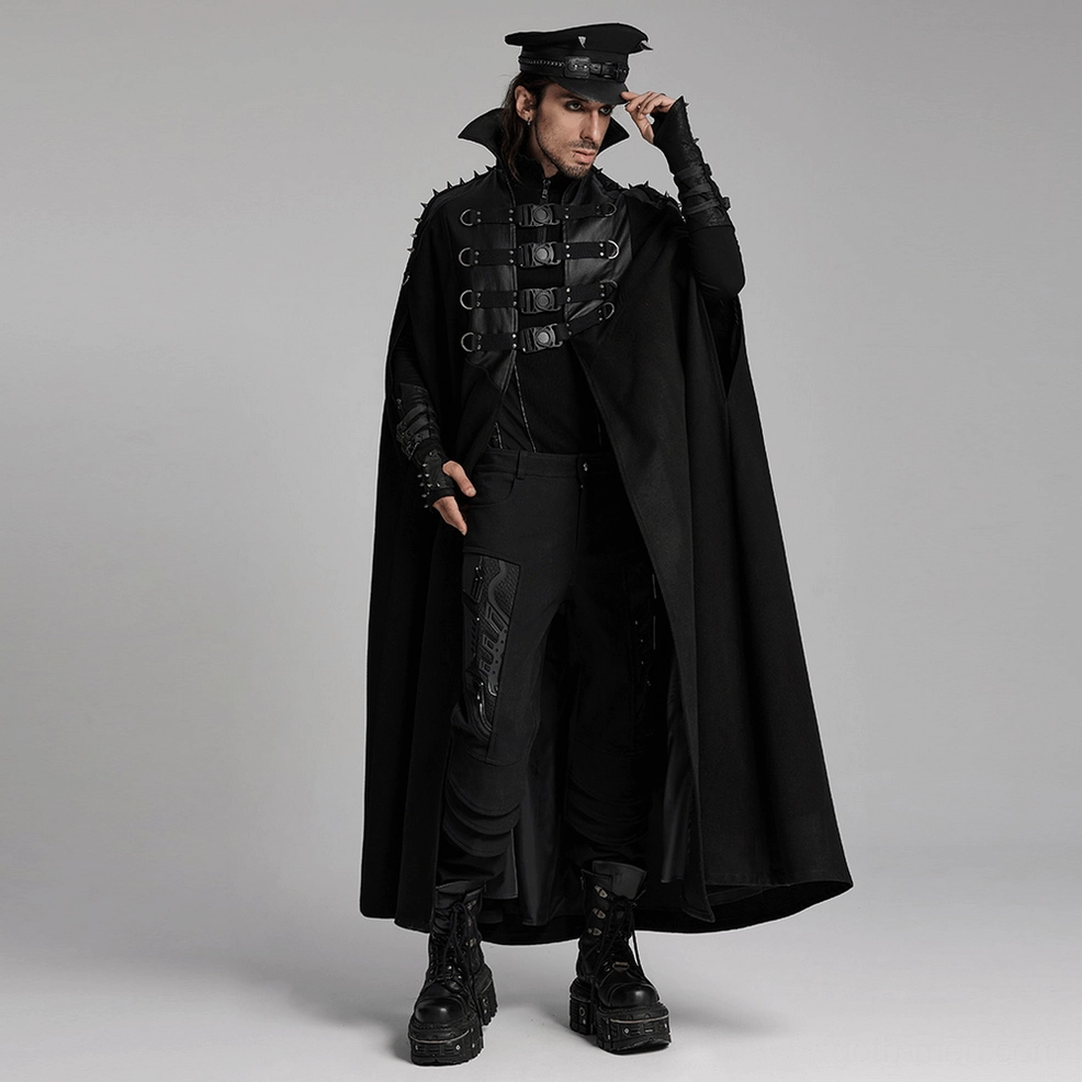 Black wool gothic cape showing dimensional drape and structured hem circumference