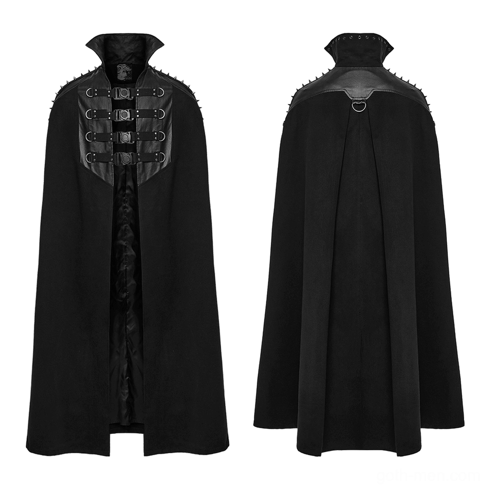 Flat lay front and back view of black wool gothic cape with buckle straps and structured collar