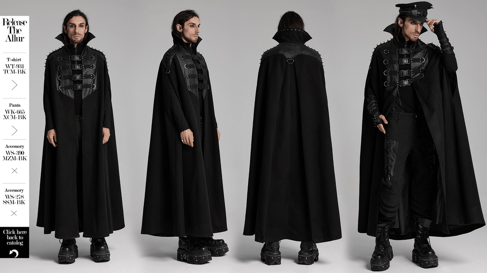 Black wool gothic cape full length view emphasizing dramatic hem and weighted fabric composition