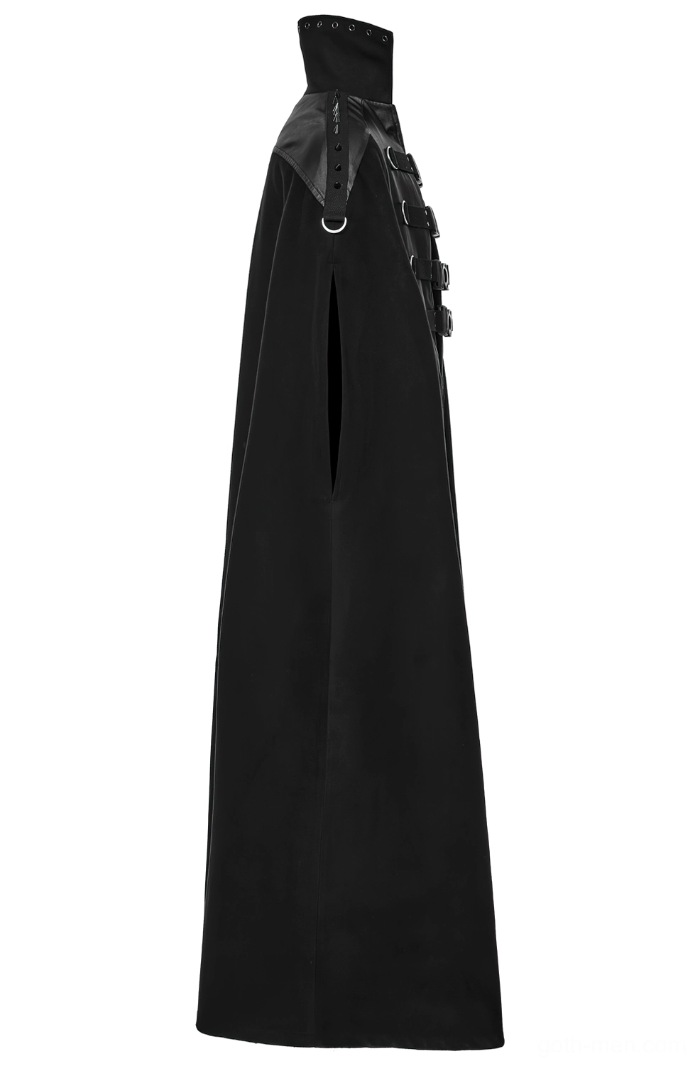 Black wool gothic cape side profile showing full length, side slit, and shoulder spike hardware