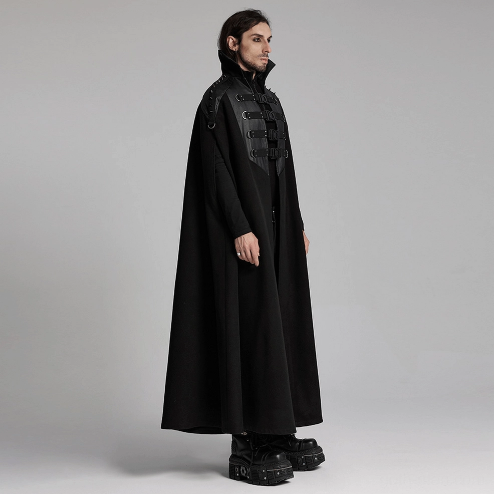 Black gothic wool cape featuring stand collar architectural design and punk buckle hardware