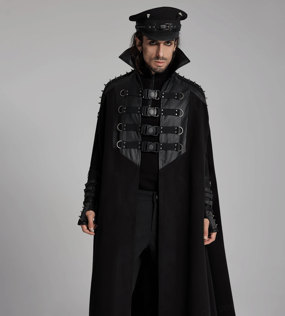Black wool gothic cape showing reinforced webbing construction and rivet detailing throughout