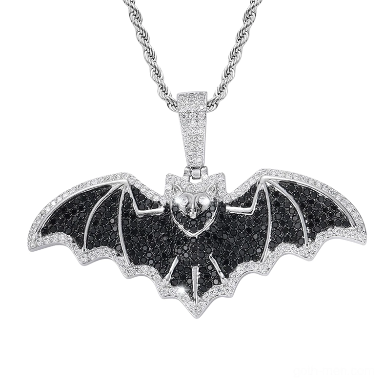 Silver gothic bat necklace pendant front view with CZ stone embellishment and reinforced bail, detailed stone work on wings