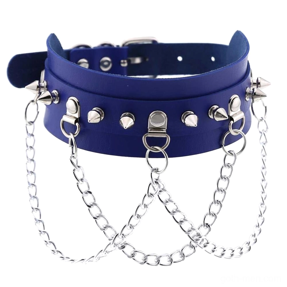 Blue vegan leather spiked choker with cone spikes and multi-layer metal chain details, flat lay product photography