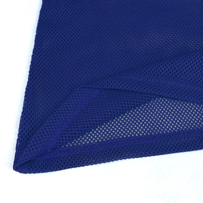 Bottom hem detail of electric blue mesh goth top flat finished edge