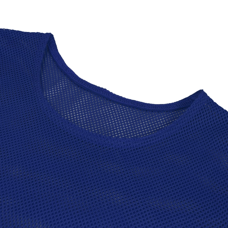 Close-up detail of crew neckline on blue mesh gothic top