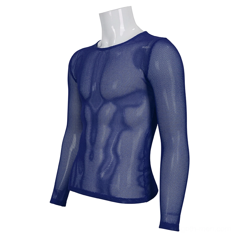 Blue sheer mesh long sleeve cyberpunk top three-quarter view slim fit