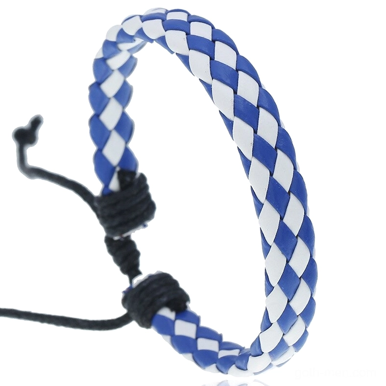 Blue and white two-tone gothic braided leather bracelet with color-block weave and adjustable fit