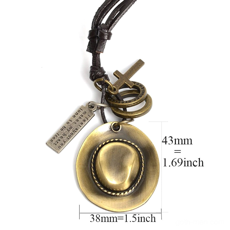 Bronze cowboy hat leather rope pendant necklace with adjustable chain, authentic western-gothic design detail