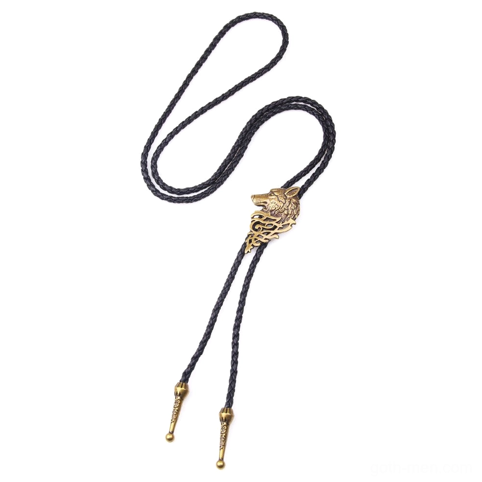 Bronze wolf head bolo tie necklace, side hanging view with braided black rope, copper alloy wolf pendant in warm bronze tone