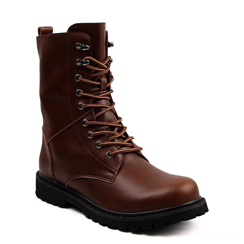 Brown high-top combat boots with matching brown laces and rugged tread sole pattern, front-side studio view