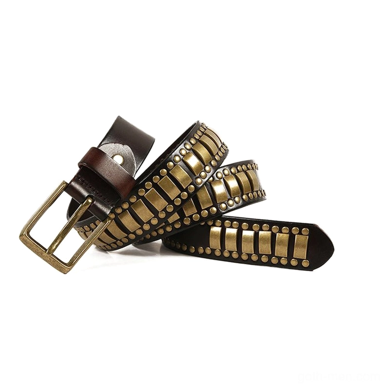 Dark brown leather geometric rivet belt with bronze metal stud decorations, gothic fashion accessory