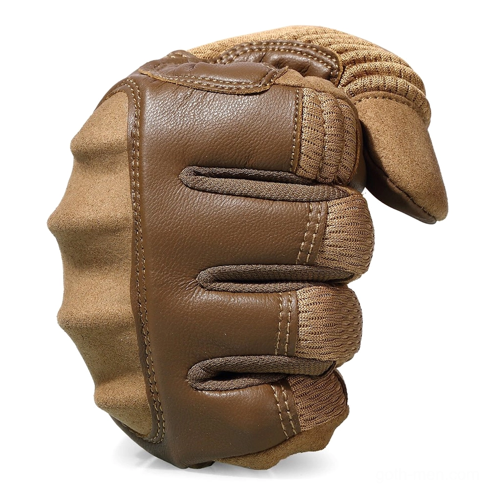 Brown suede tactical glove fist showing padded knuckle guard and stitched finger details