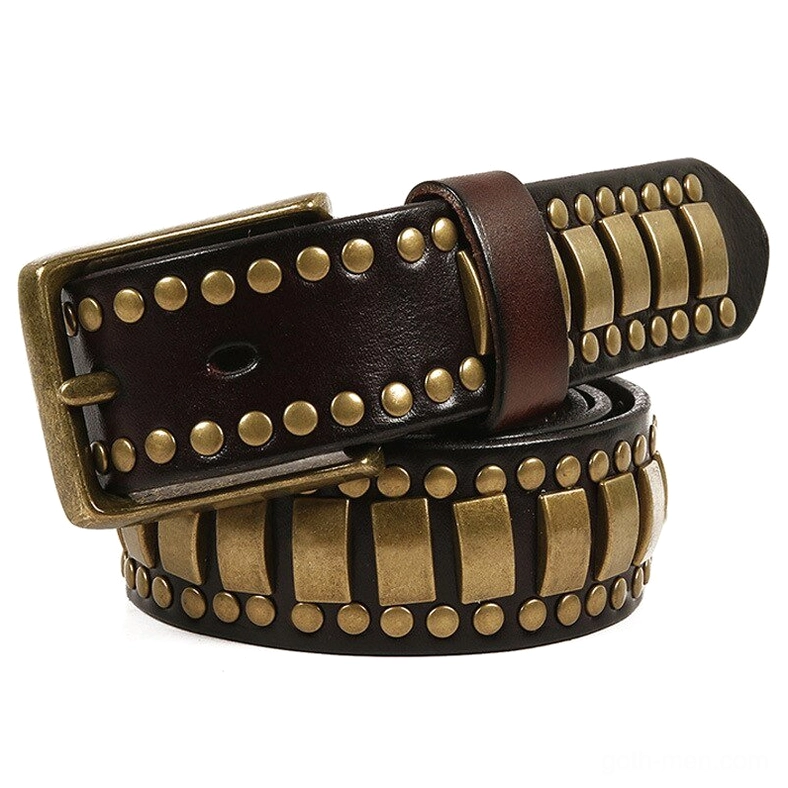 Dark brown leather belt with bronze rivet decorations, flat top view showcasing industrial pattern