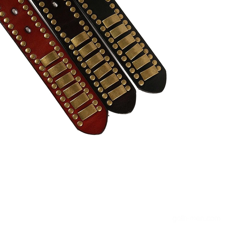 Dark brown gothic belt with bronze rectangular rivets, alternative fashion styling view