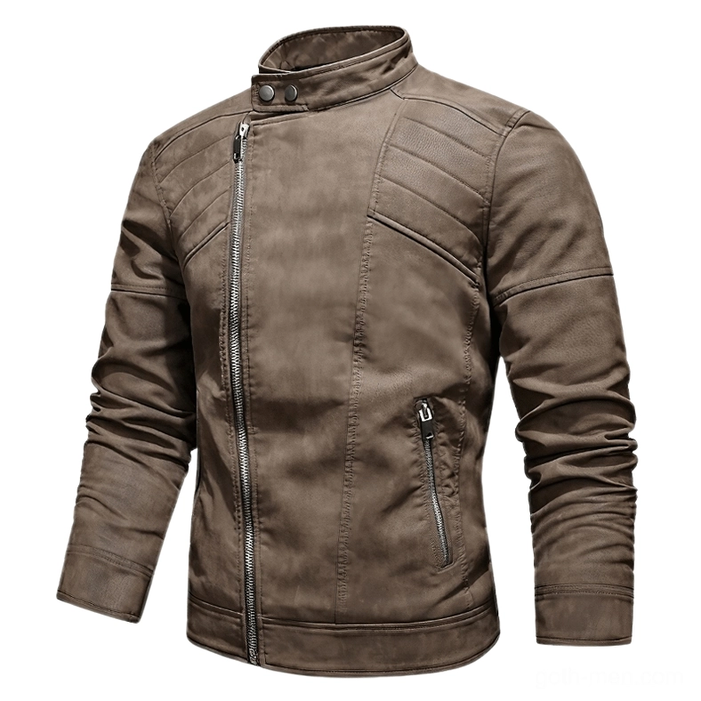Brown faux leather biker jacket with textured finish and stand collar gothic style