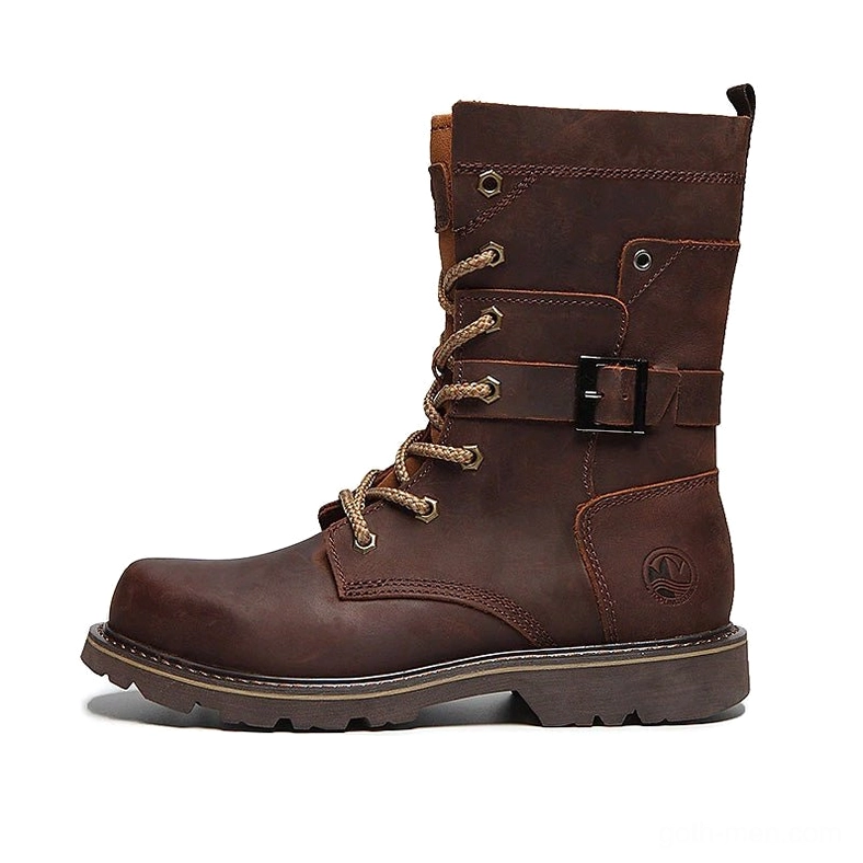 Single brown leather gothic combat boot left side view with heel brand logo and buckle strap detail