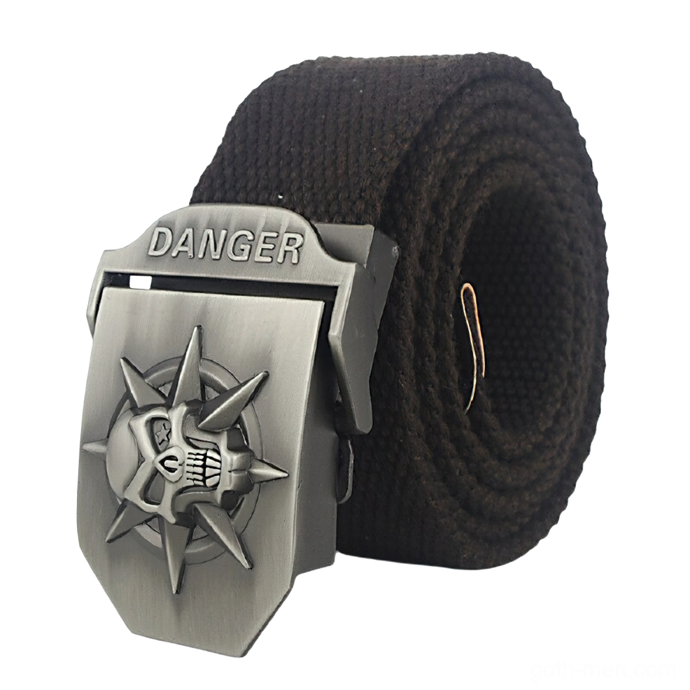 Dark brown gothic canvas belt featuring DANGER engraved spiked skull buckle, three-quarter front shot