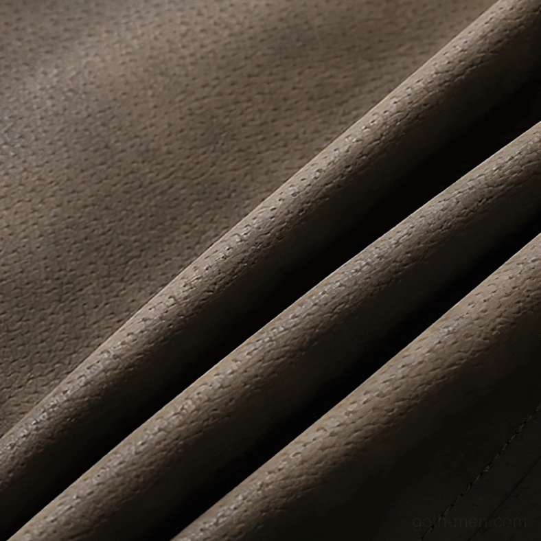 Brown gothic faux leather motorcycle jacket material and construction detail