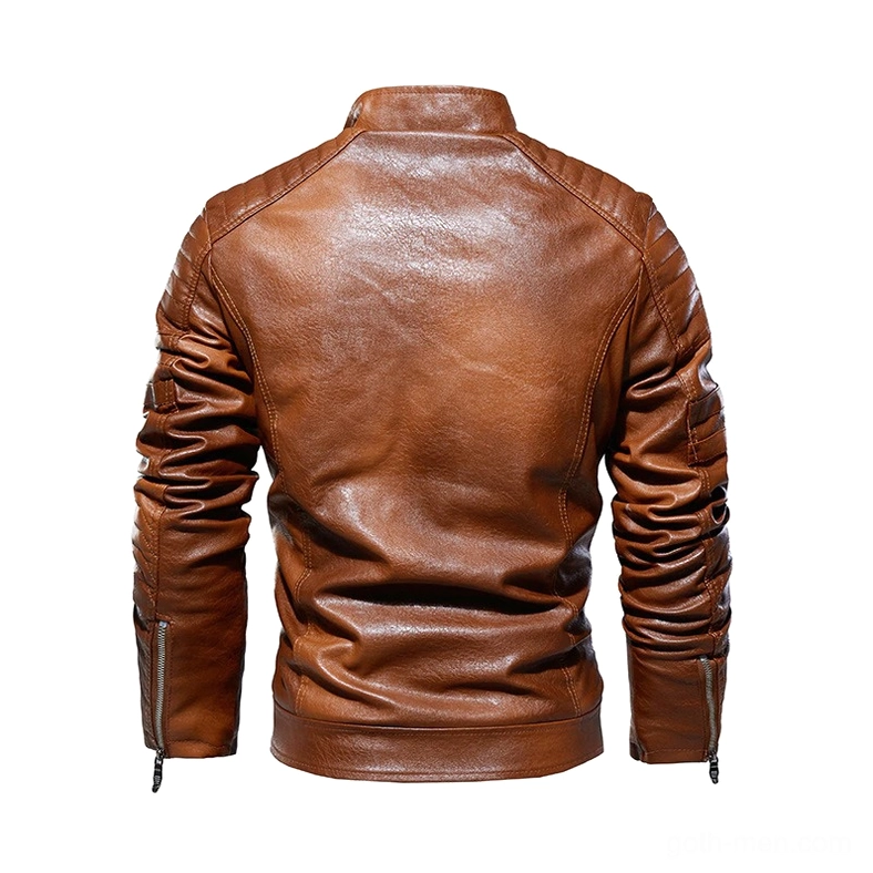 Tan brown PU leather gothic biker jacket rear view showing quilted shoulder detail and zippered cuffs