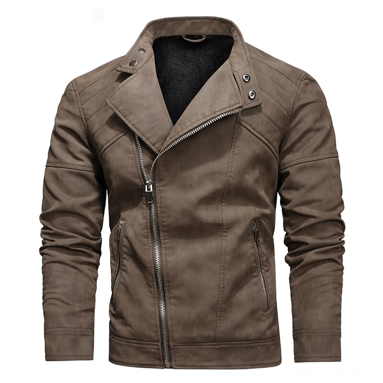 Brown lapel faux leather motorcycle jacket diagonal zipper tailored seams gothic