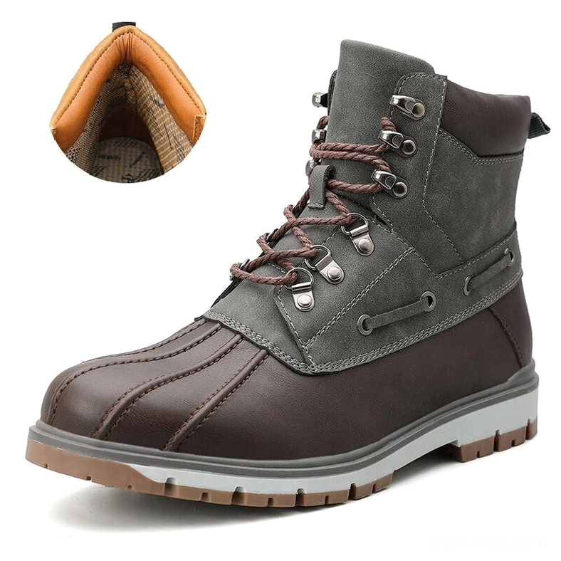 Brown and gray outdoor gothic motorcycle boots with braided laces front three-quarter angle