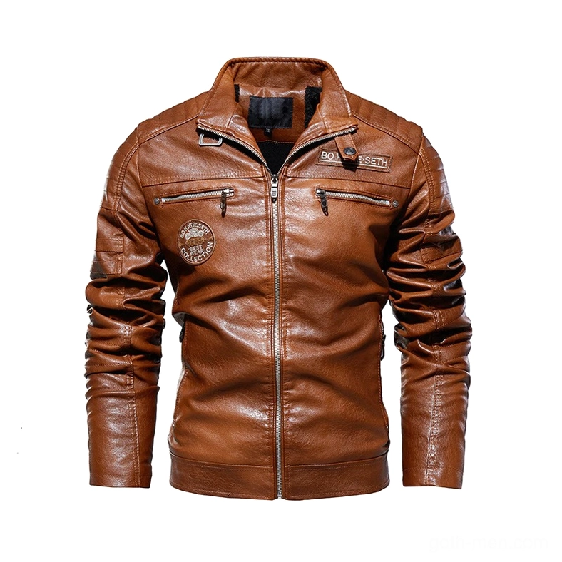 Tan brown PU leather gothic biker jacket front view with motorcycle embroidery and zipper closure