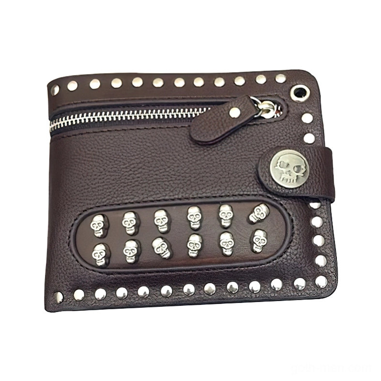 Dark brown leather gothic wallet with embossed skull studs and decorative rivet trim detail