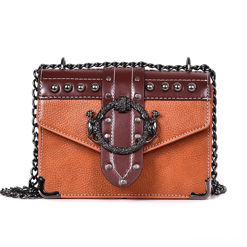 Brown pebbled leather gothic square shoulder bag with ornate metal lock and chain strap